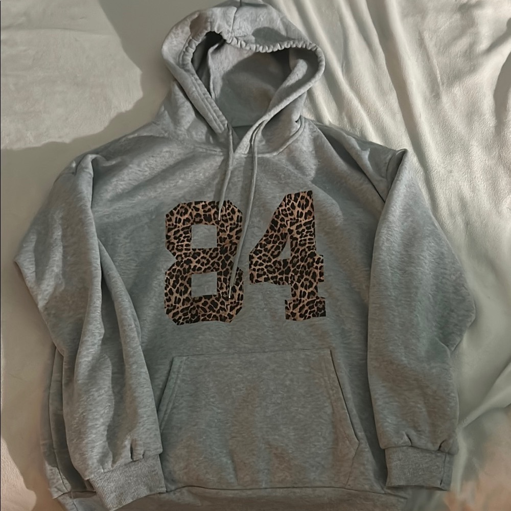 Gray Hoodie with Leopard Print '84' - Picture 1 of 1